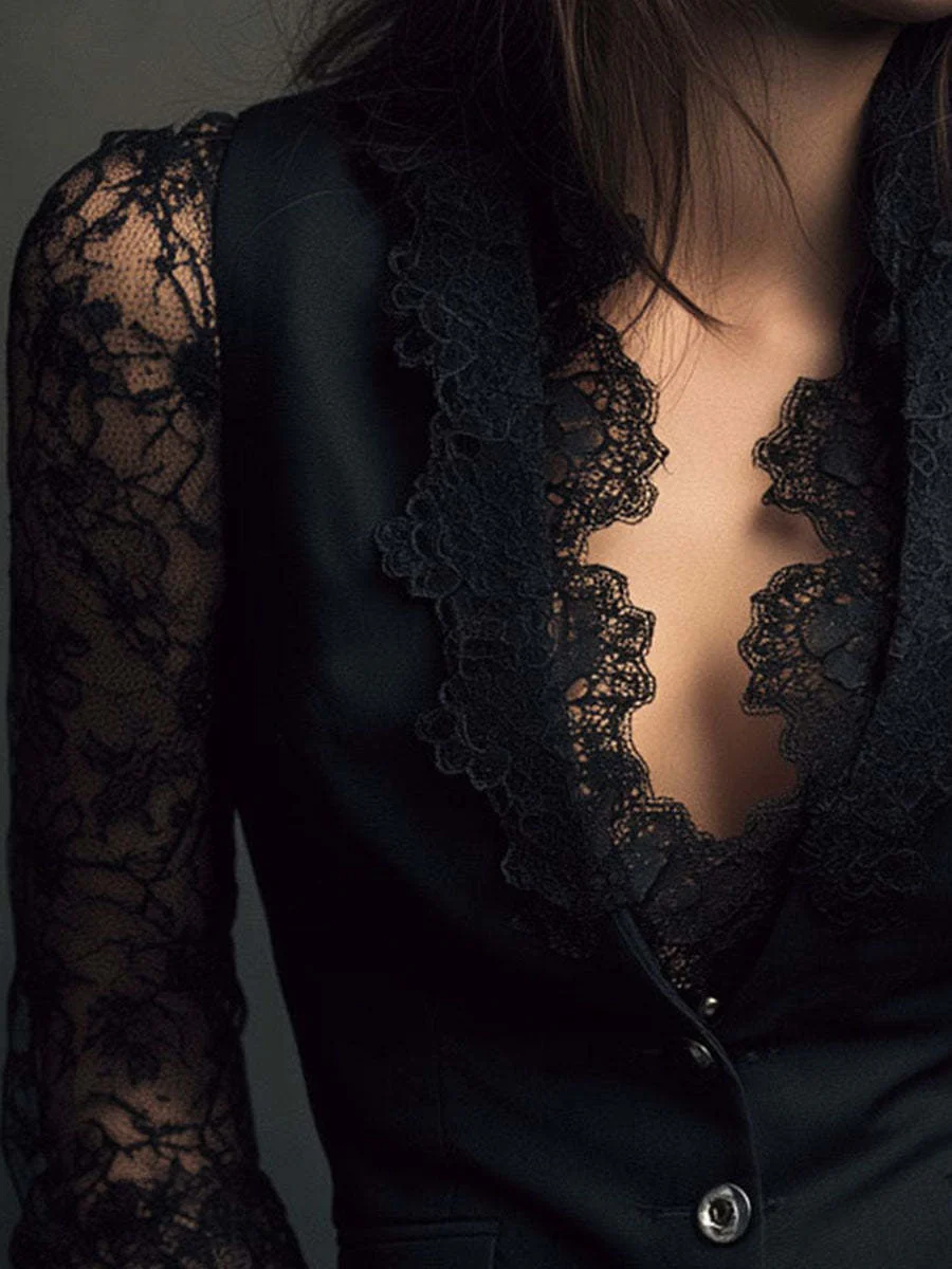 Lace Stitching V-neck Button Sexy Temperament Jackets - Image 5