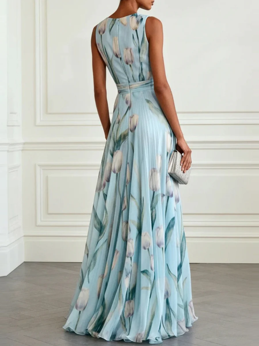 Floral Printed Parties V-neck Sleeveless Maxi Dresses - Image 3