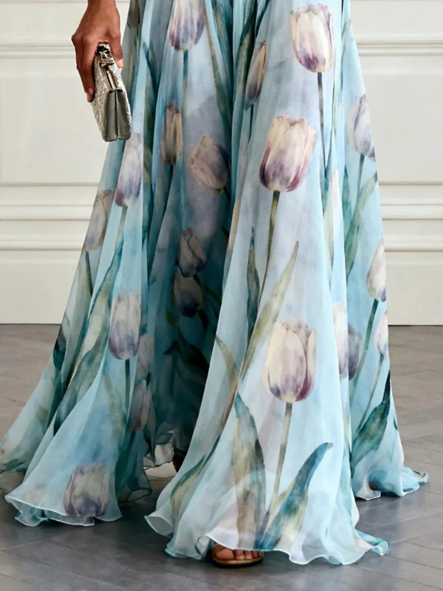 Floral Printed Parties V-neck Sleeveless Maxi Dresses - Image 4