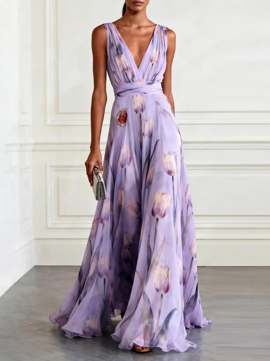 Floral Printed Parties V-neck Sleeveless Maxi Dresses - Image 5