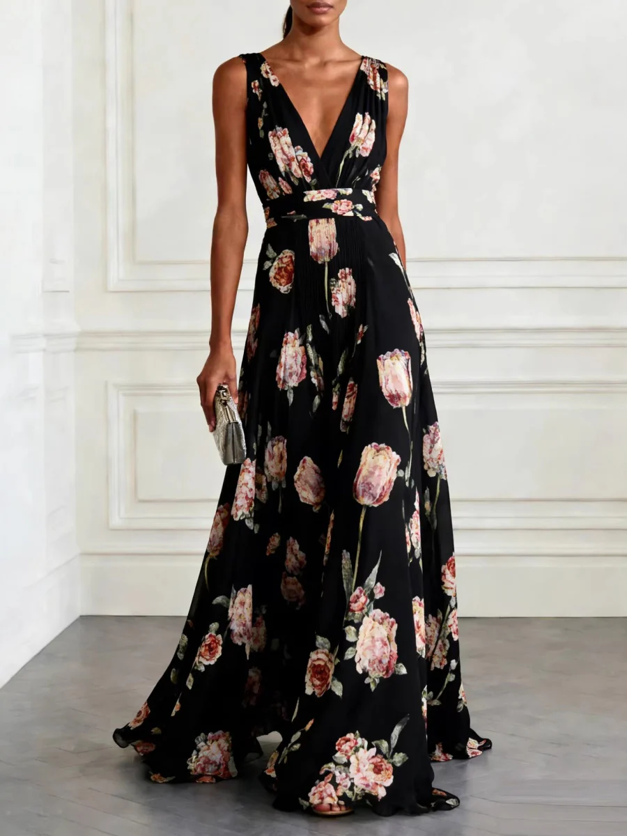 Floral Printed Parties V-neck Sleeveless Maxi Dresses - Image 6