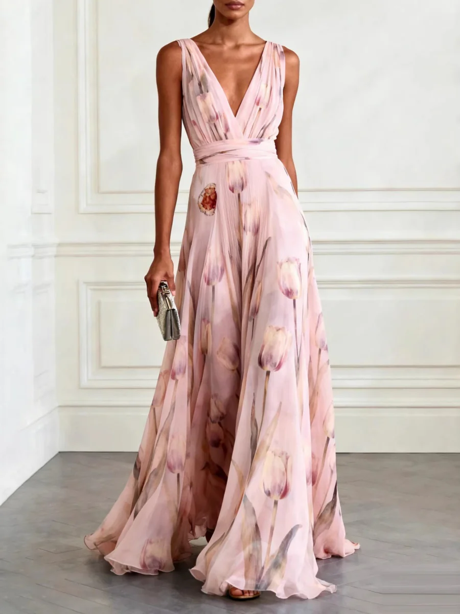 Floral Printed Parties V-neck Sleeveless Maxi Dresses - Image 7