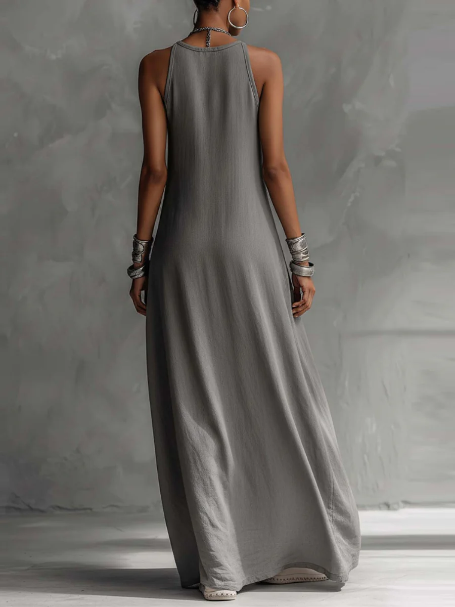 Sleeveless Loose-fit Pocket Color-blocked Leisure Off-shoulder Maxi Dresses - Image 2