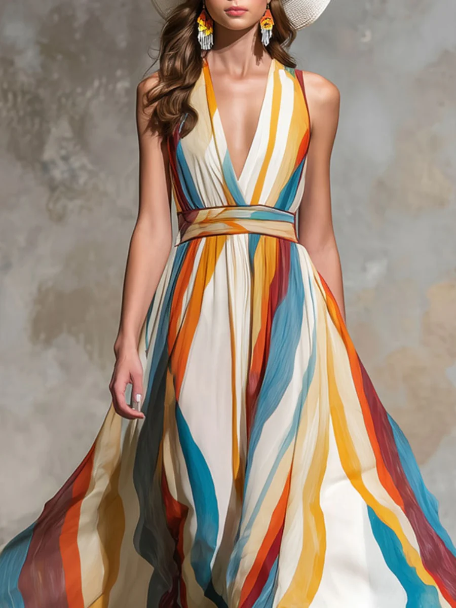 Stripes Wave Deep V Off-shoulder Vacation Maxi Dresses - Image 2