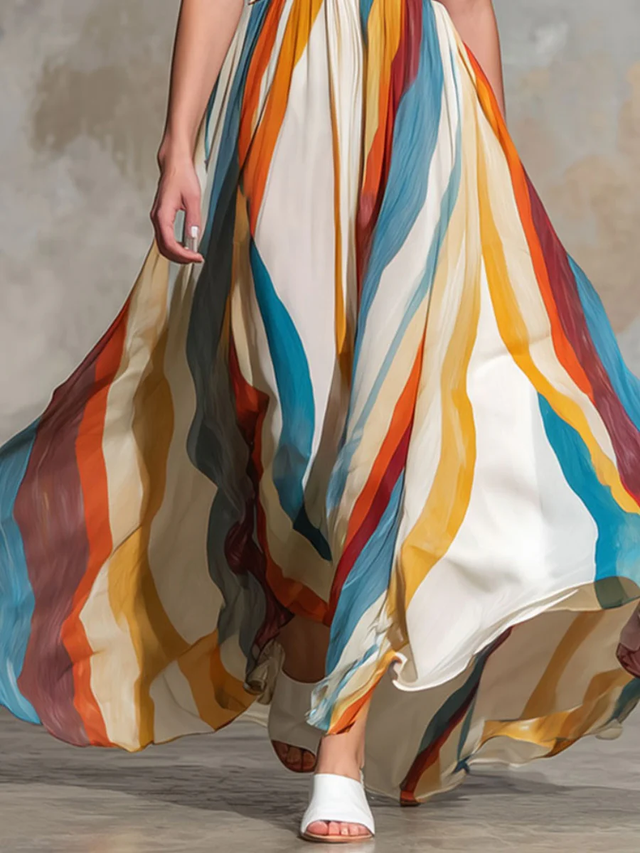 Stripes Wave Deep V Off-shoulder Vacation Maxi Dresses - Image 3
