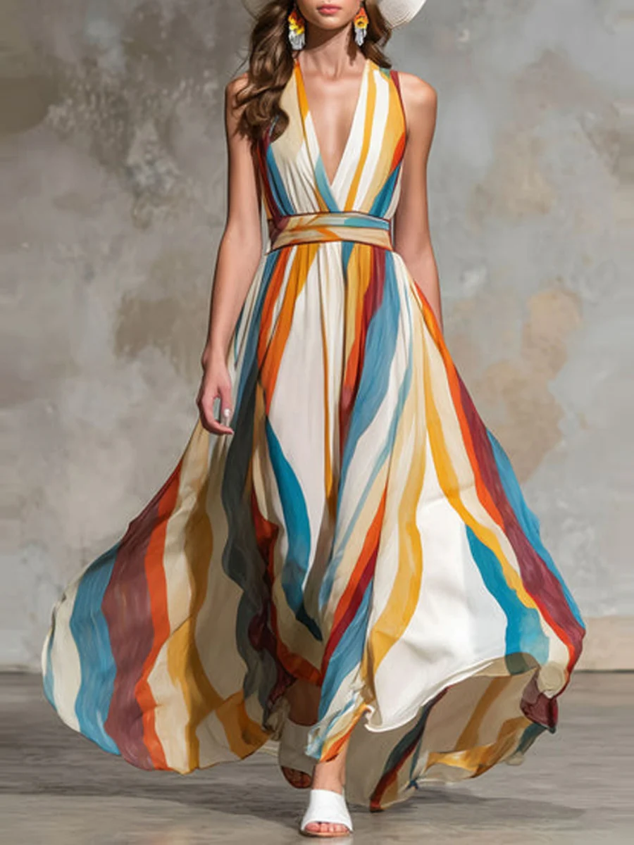 Stripes Wave Deep V Off-shoulder Vacation Maxi Dresses - Image 4
