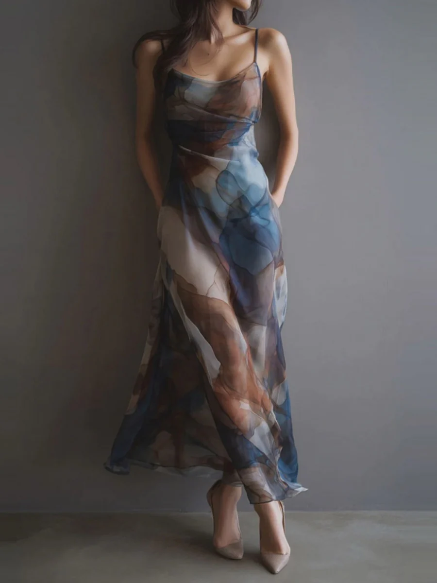 Printed Gradient Hip-hugging Mesh Camisoles Maxi Dresses - Image 3