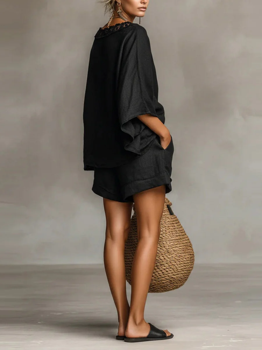 Simplicity Hood Batwing Sleeves T-shirts Bandage Loose-fit Stylish Shorts Set 2-piece Sets - Image 4