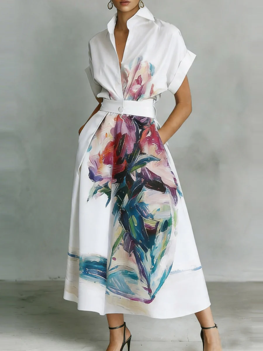 Temperament Shirt Dress Printed Vacation Midi Dresses - Image 4