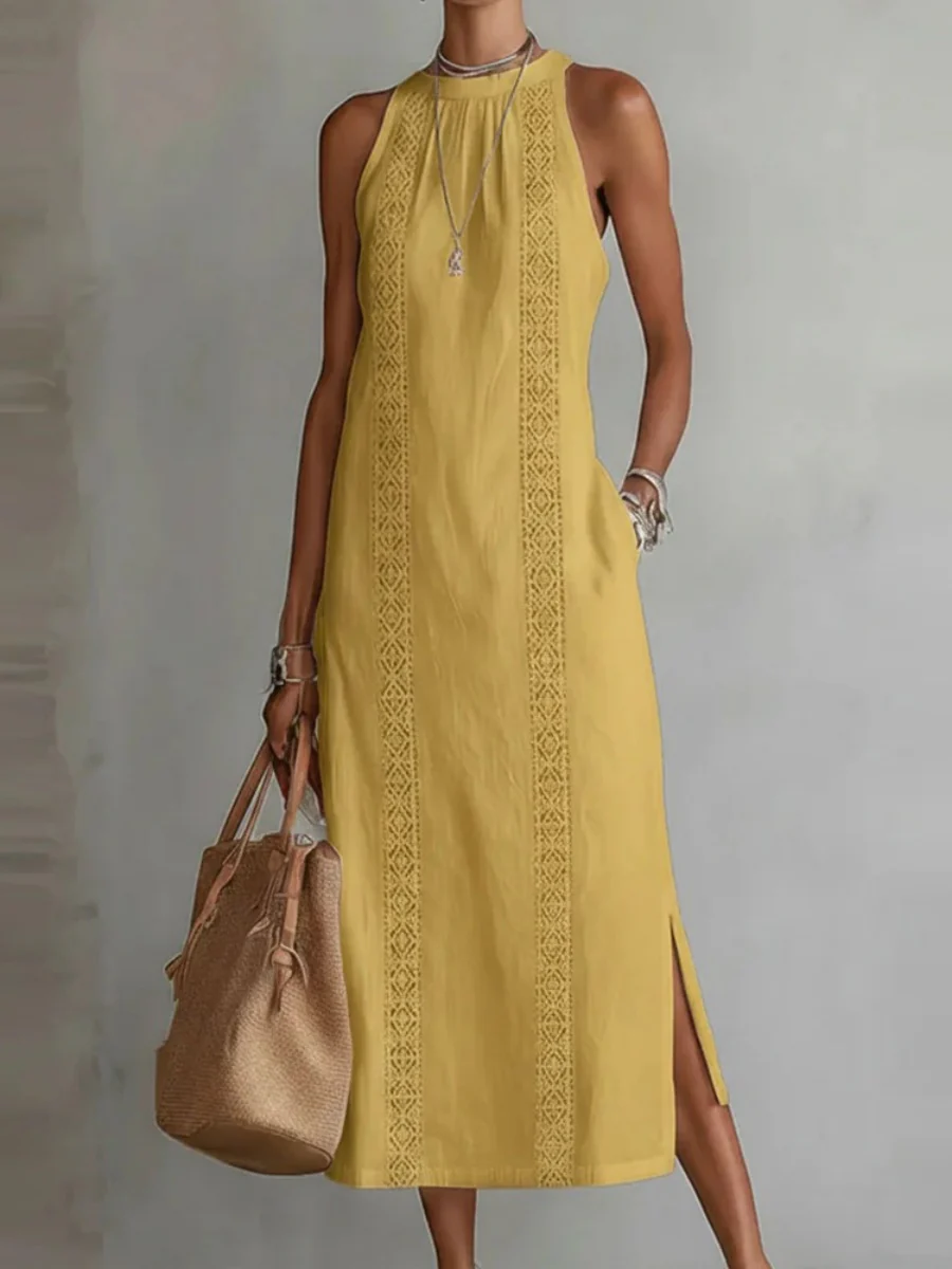 Halter Solid Color Lace Stitching Loose-fit Sundress Maxi Dresses - Image 6