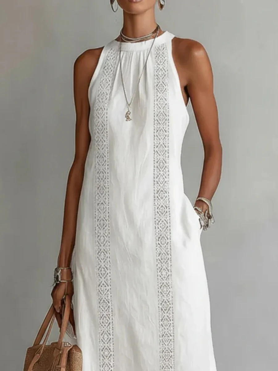 Halter Solid Color Lace Stitching Loose-fit Sundress Maxi Dresses - Image 9