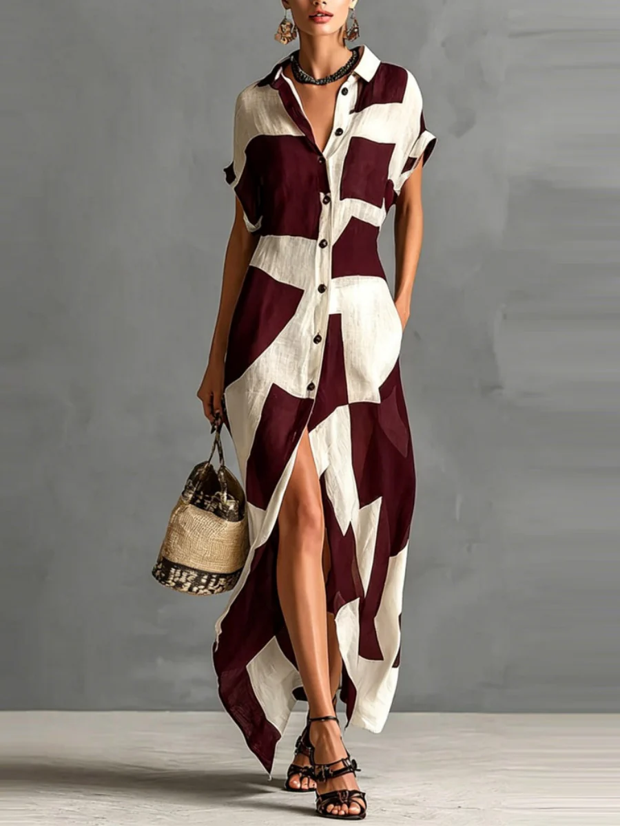 Geometric Patterns Plaid Printed Shirts Vacation Sunscreen Maxi Dresses - Image 2