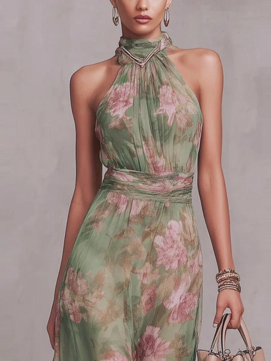 Floral Vacation Formal Dress Halter Maxi Dresses - Image 3