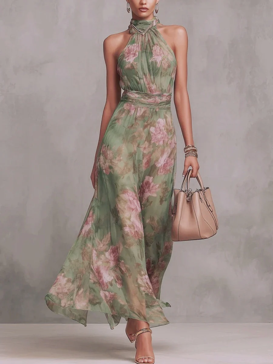 Floral Vacation Formal Dress Halter Maxi Dresses - Image 5