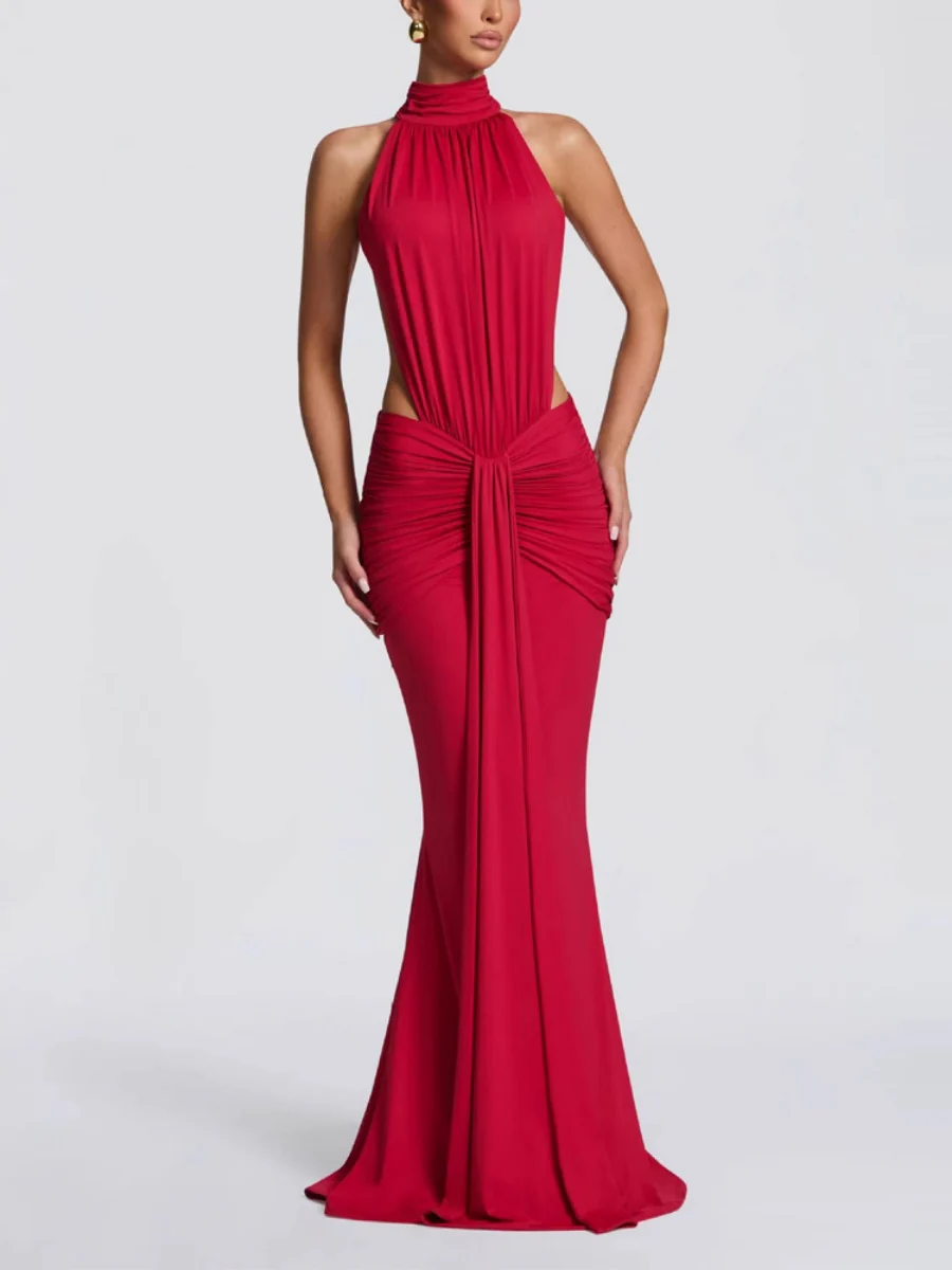 Turtleneck Gathering Hollow Backless Temperament Banquet Maxi Dresses