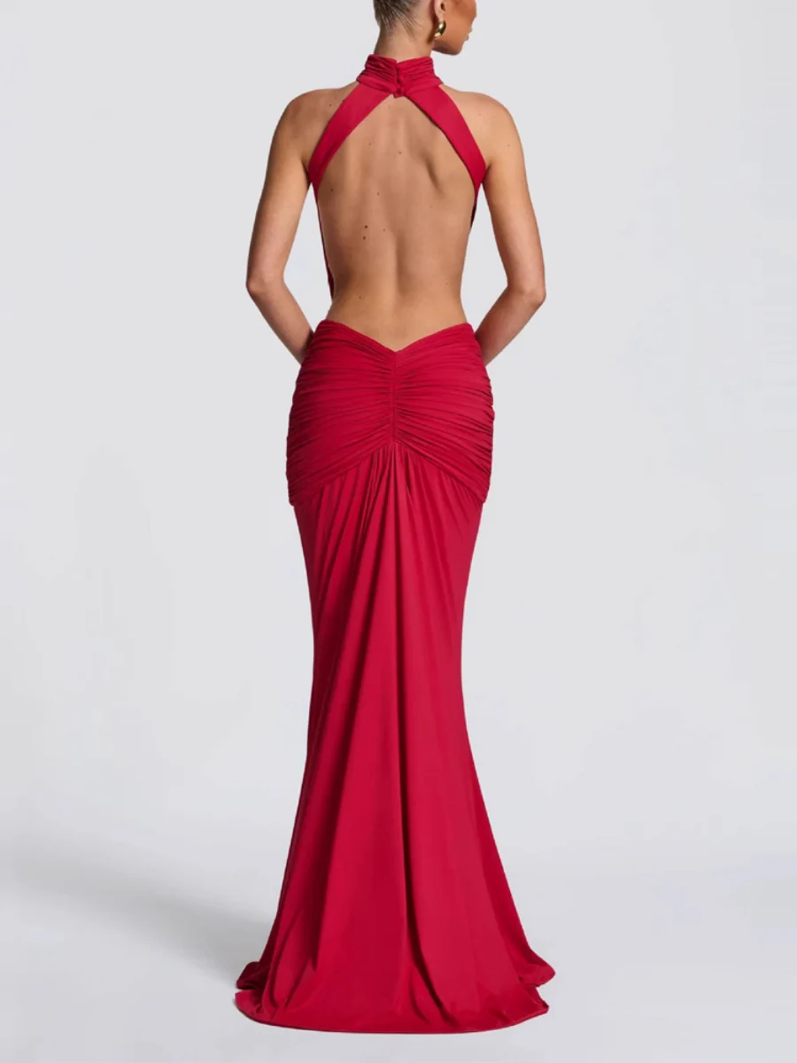 Turtleneck Gathering Hollow Backless Temperament Banquet Maxi Dresses - Image 2