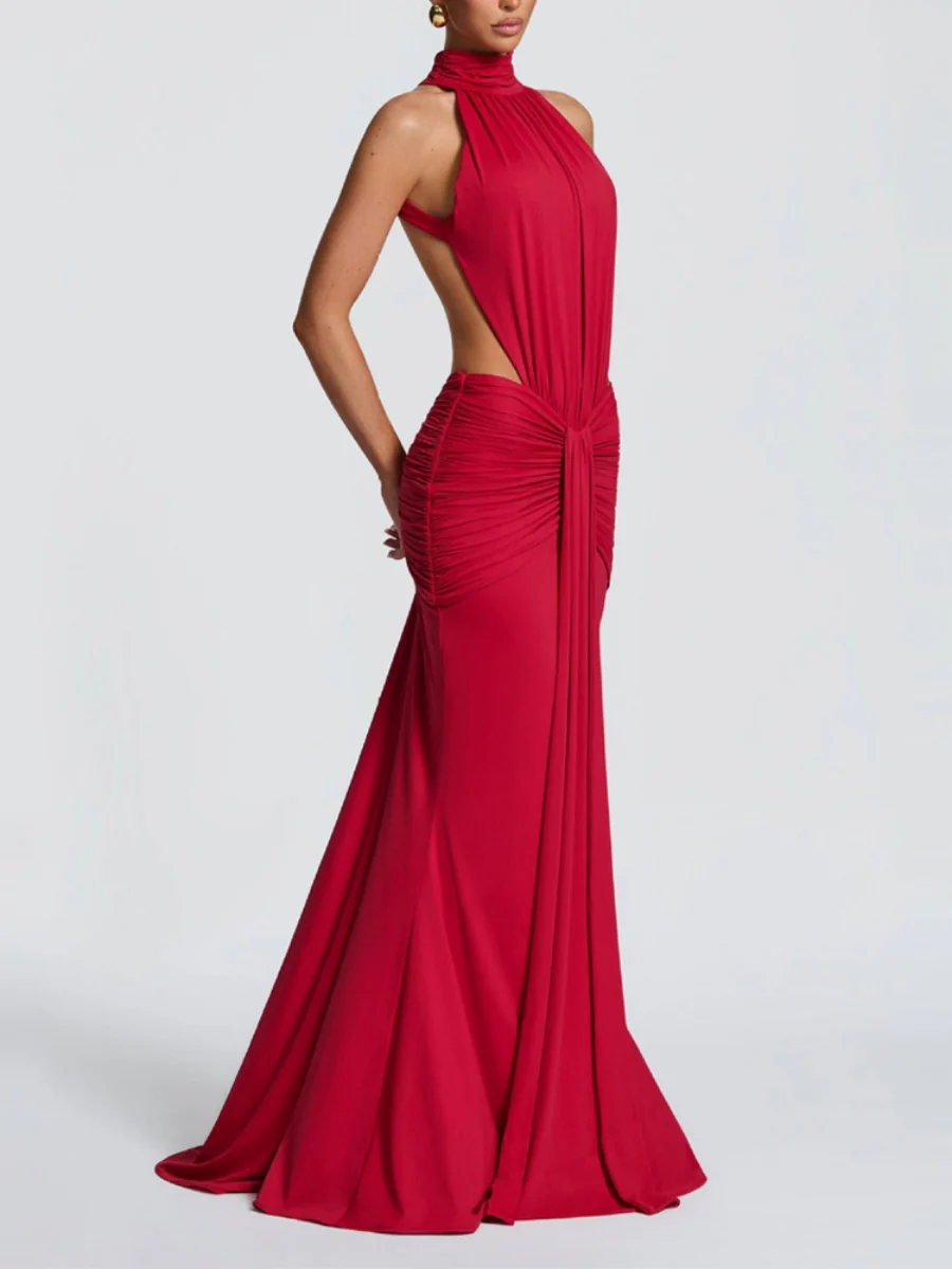 Turtleneck Gathering Hollow Backless Temperament Banquet Maxi Dresses - Image 3