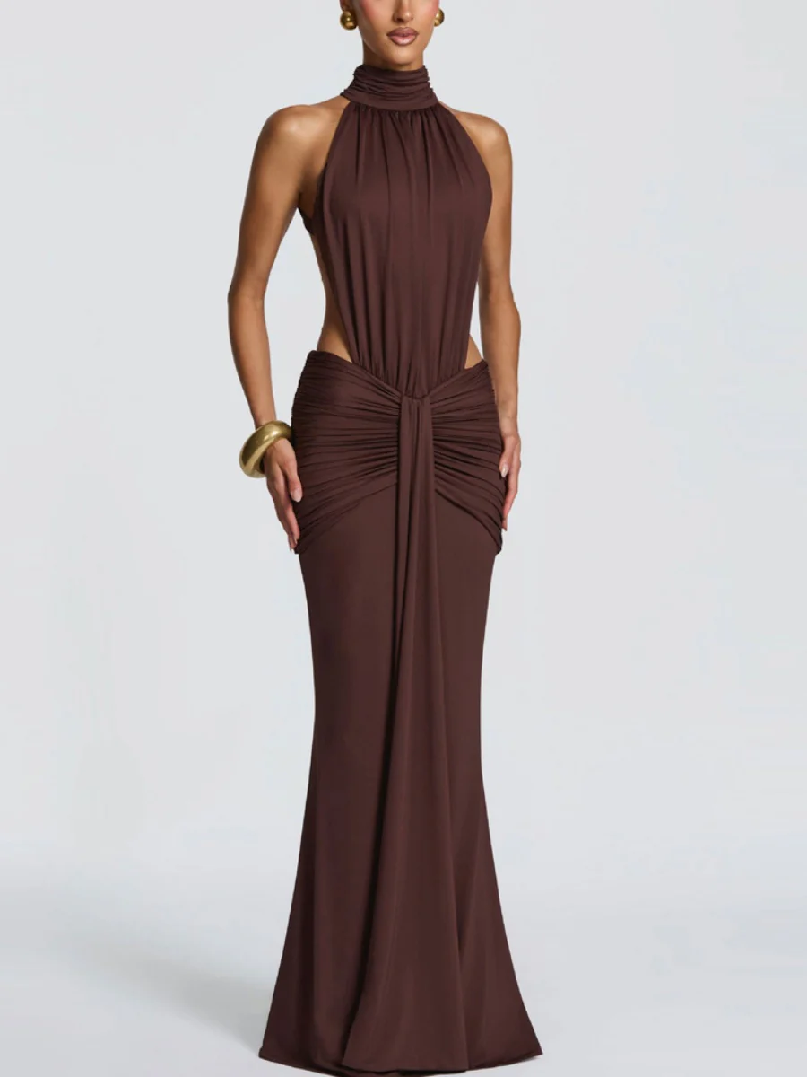 Turtleneck Gathering Hollow Backless Temperament Banquet Maxi Dresses - Image 7