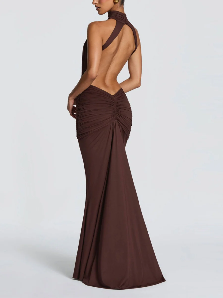 Turtleneck Gathering Hollow Backless Temperament Banquet Maxi Dresses - Image 8