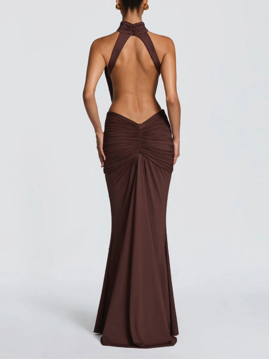 Turtleneck Gathering Hollow Backless Temperament Banquet Maxi Dresses - Image 9