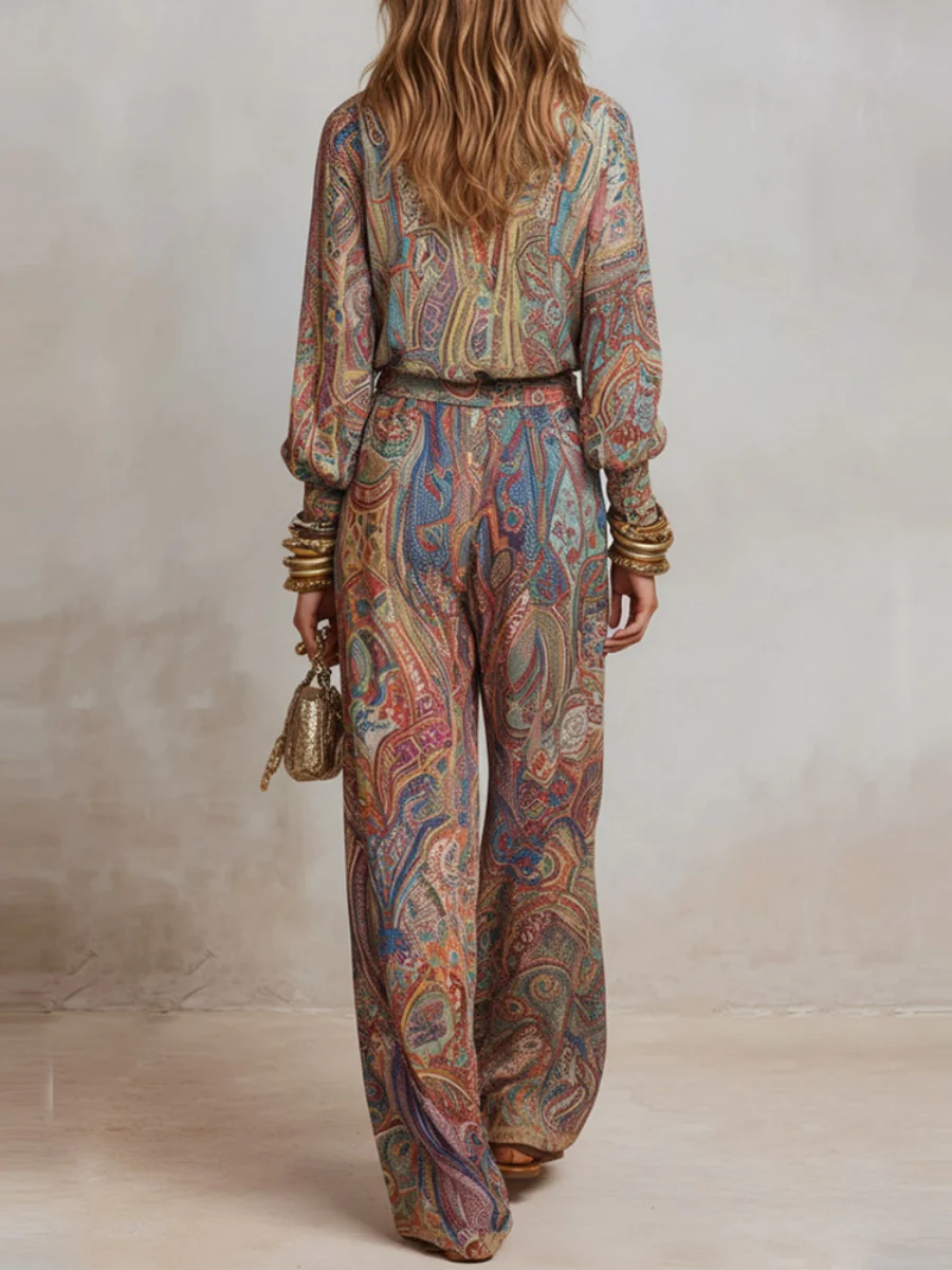 Hippie Style Exotic Style Printed Shirt Printed Wide-leg Pants Set 2-piece Sets - Image 2