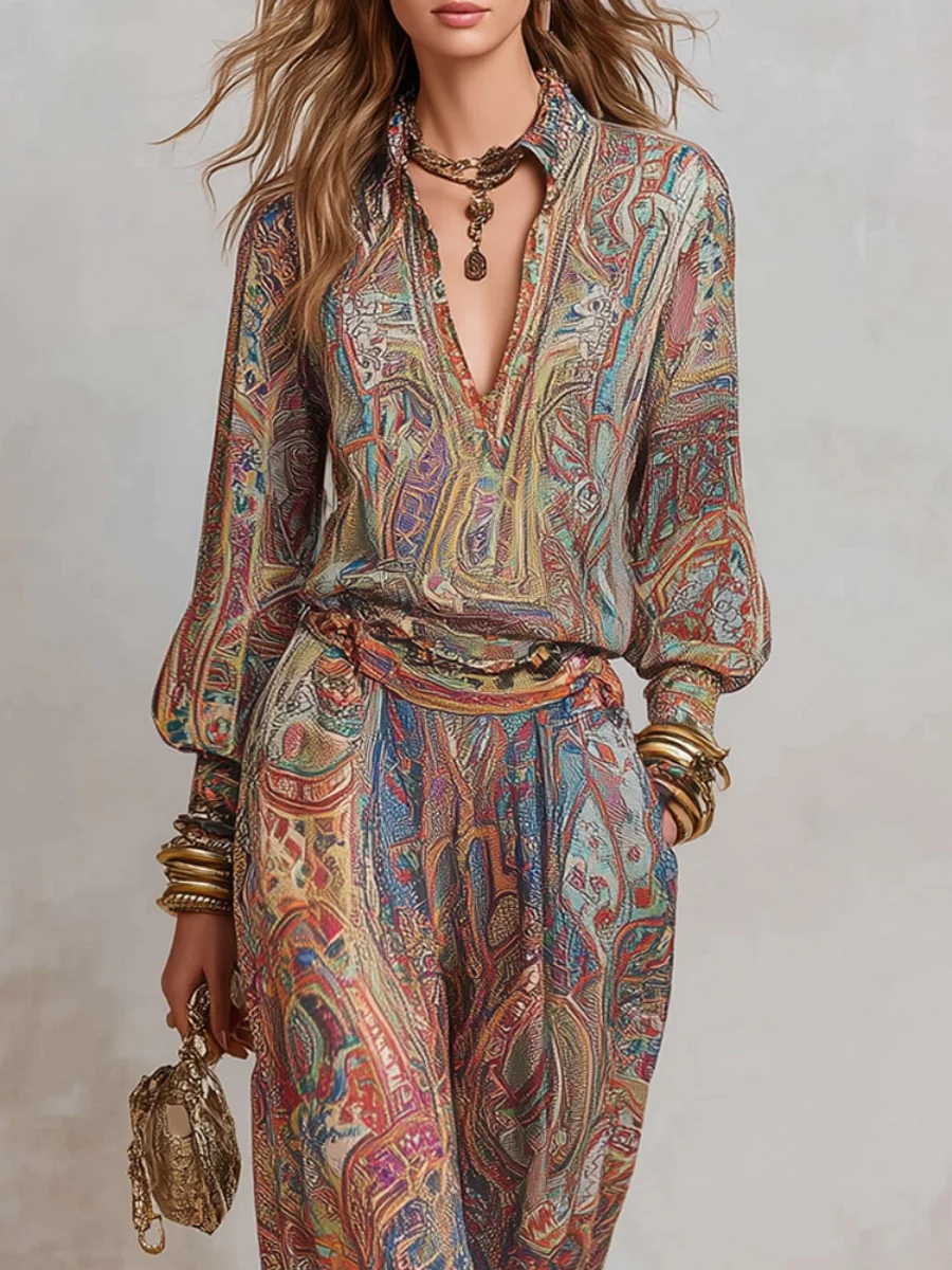 Hippie Style Exotic Style Printed Shirt Printed Wide-leg Pants Set 2-piece Sets - Image 3