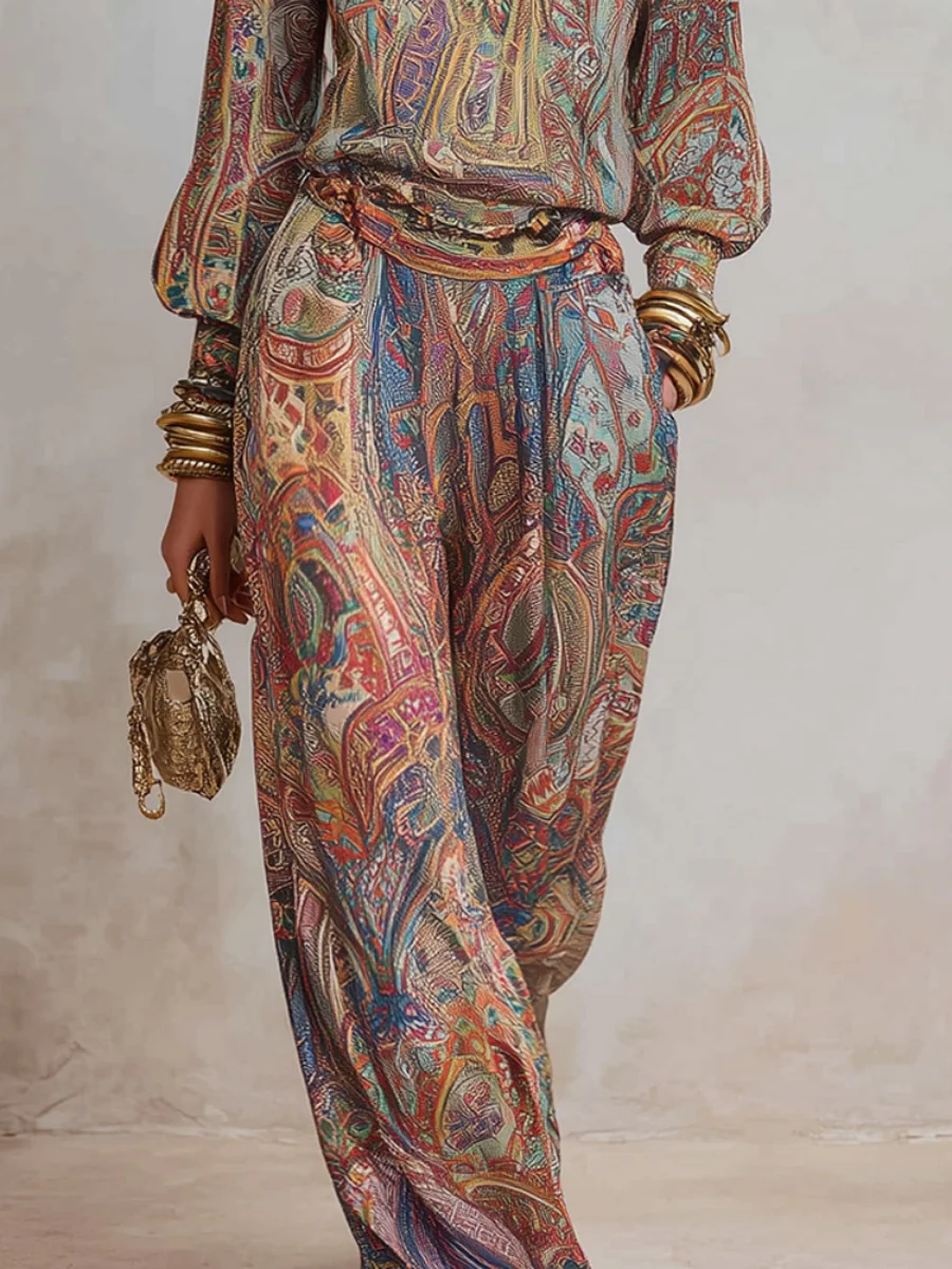 Hippie Style Exotic Style Printed Shirt Printed Wide-leg Pants Set 2-piece Sets - Image 4
