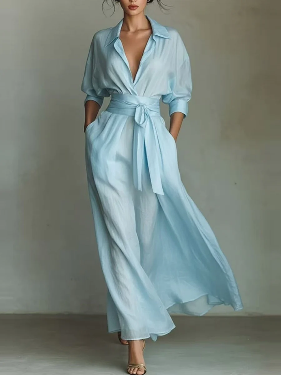 Lace Up Shirt Dress Sun Protection Shirt Maxi Dresses - Image 2