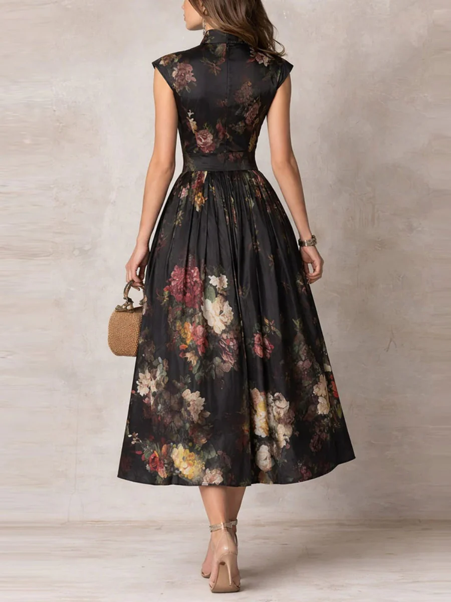 Chinese Collar Chinese Knot Hollow Sleeveless Black Midi Dresses - Image 2