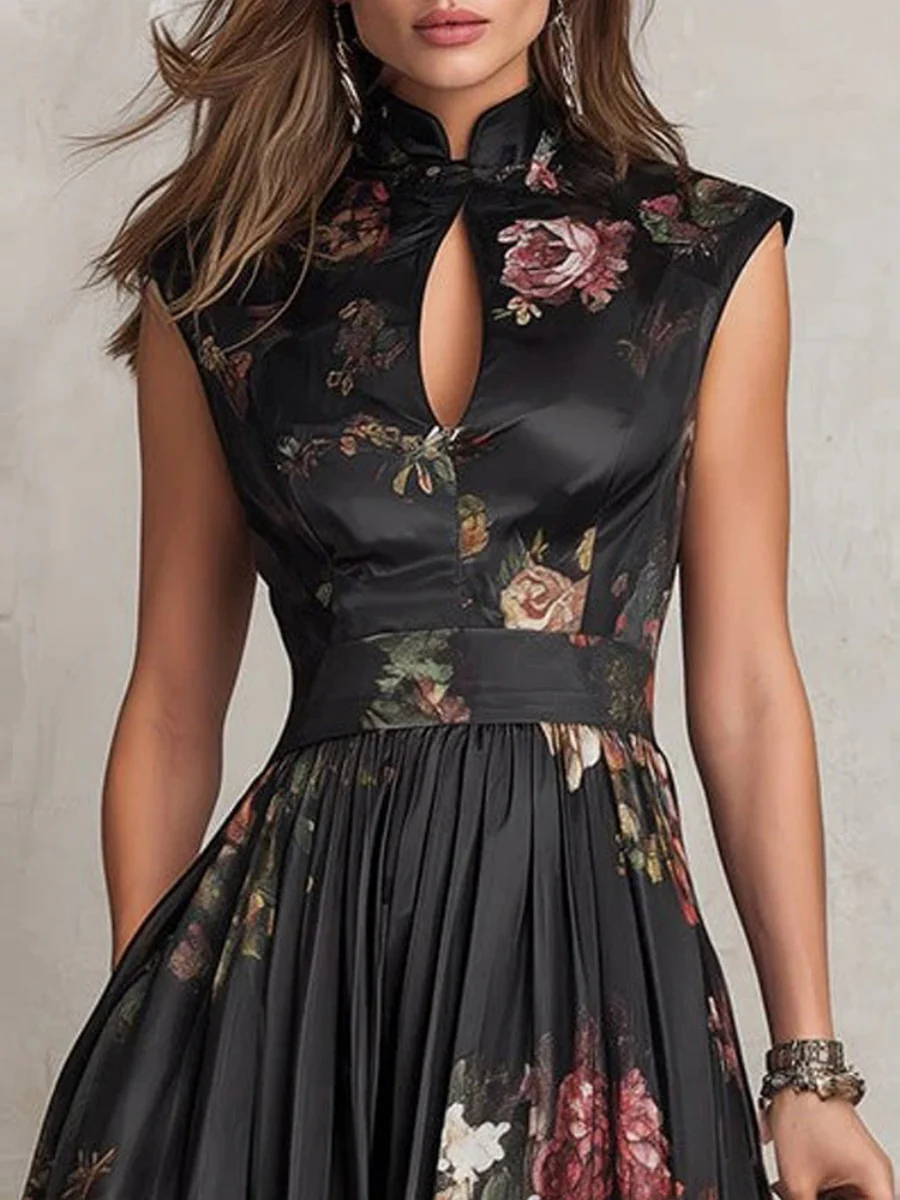 Chinese Collar Chinese Knot Hollow Sleeveless Black Midi Dresses - Image 3