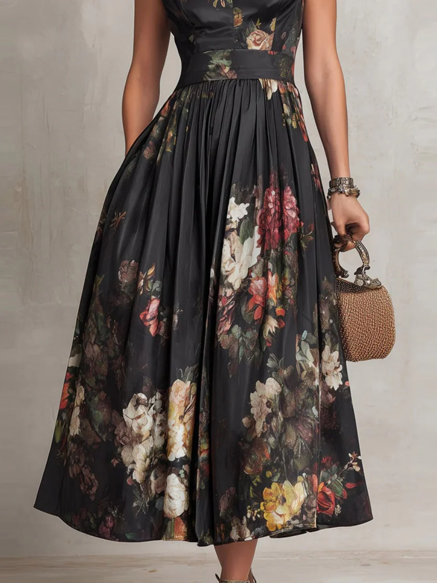 Chinese Collar Chinese Knot Hollow Sleeveless Black Midi Dresses - Image 4