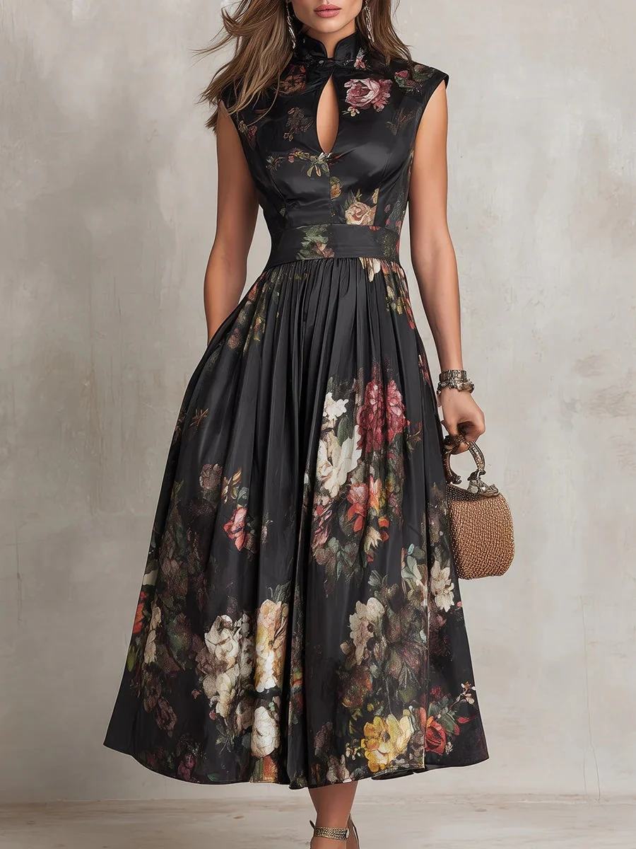 Chinese Collar Chinese Knot Hollow Sleeveless Black Midi Dresses - Image 5