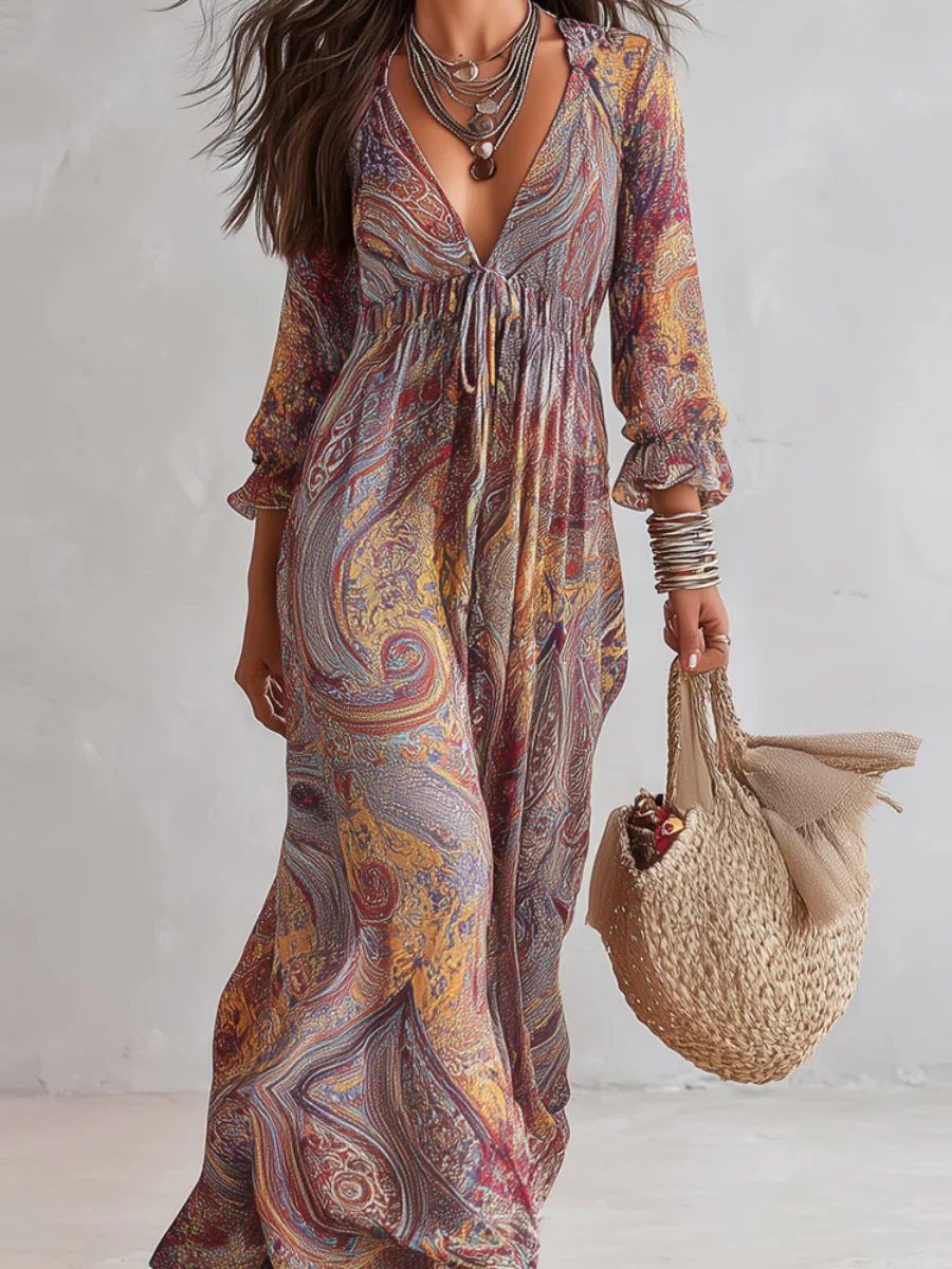 Hippie Style Paisley Print V-neck Vacation Maxi Dresses