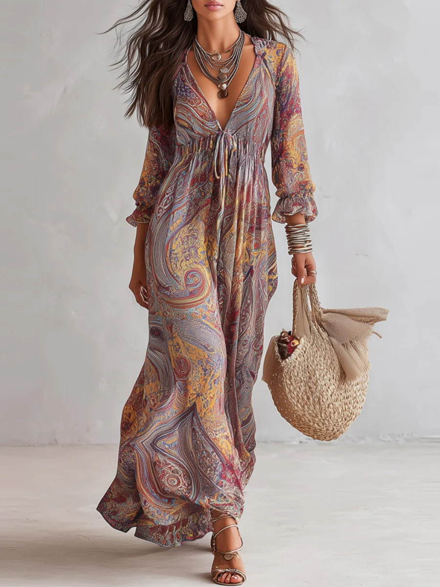 Hippie Style Paisley Print V-neck Vacation Maxi Dresses - Image 3