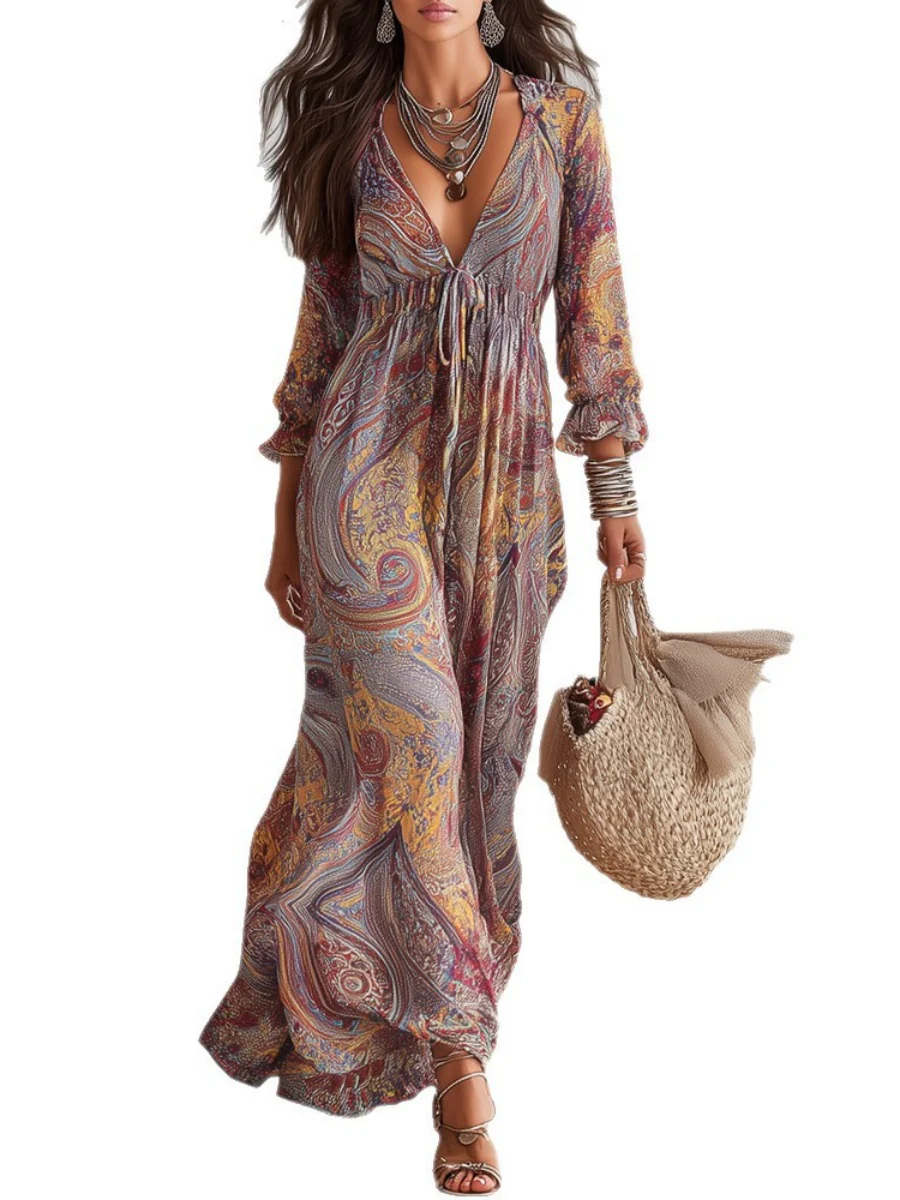 Hippie Style Paisley Print V-neck Vacation Maxi Dresses - Image 4