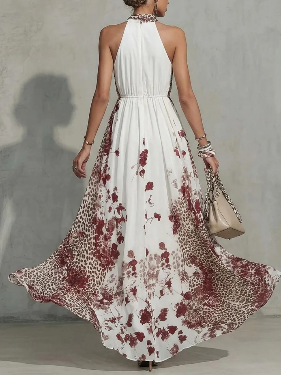 Floral Leopard Print Turtleneck Sleeveless Temperament Vacation Maxi Dresses - Image 2