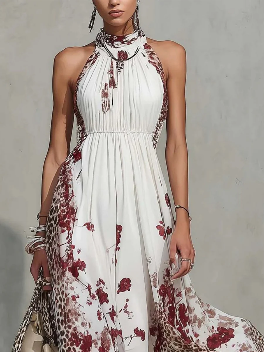 Floral Leopard Print Turtleneck Sleeveless Temperament Vacation Maxi Dresses - Image 3