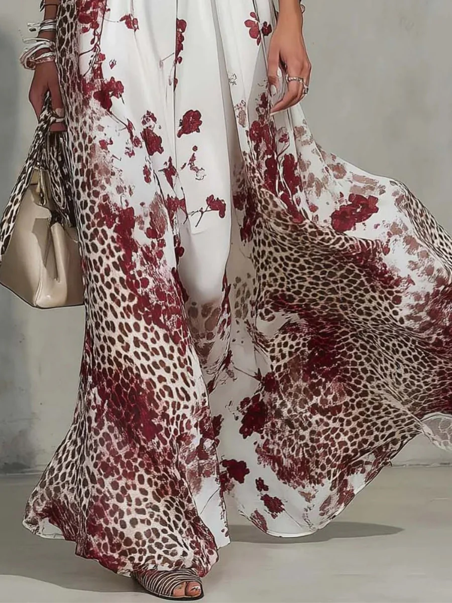 Floral Leopard Print Turtleneck Sleeveless Temperament Vacation Maxi Dresses - Image 4