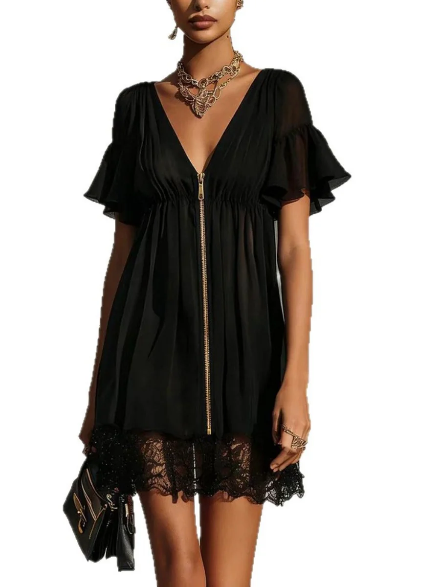 V-neck Zipper Cardigan Lace Splicing Mini&Short Dresses - Image 4