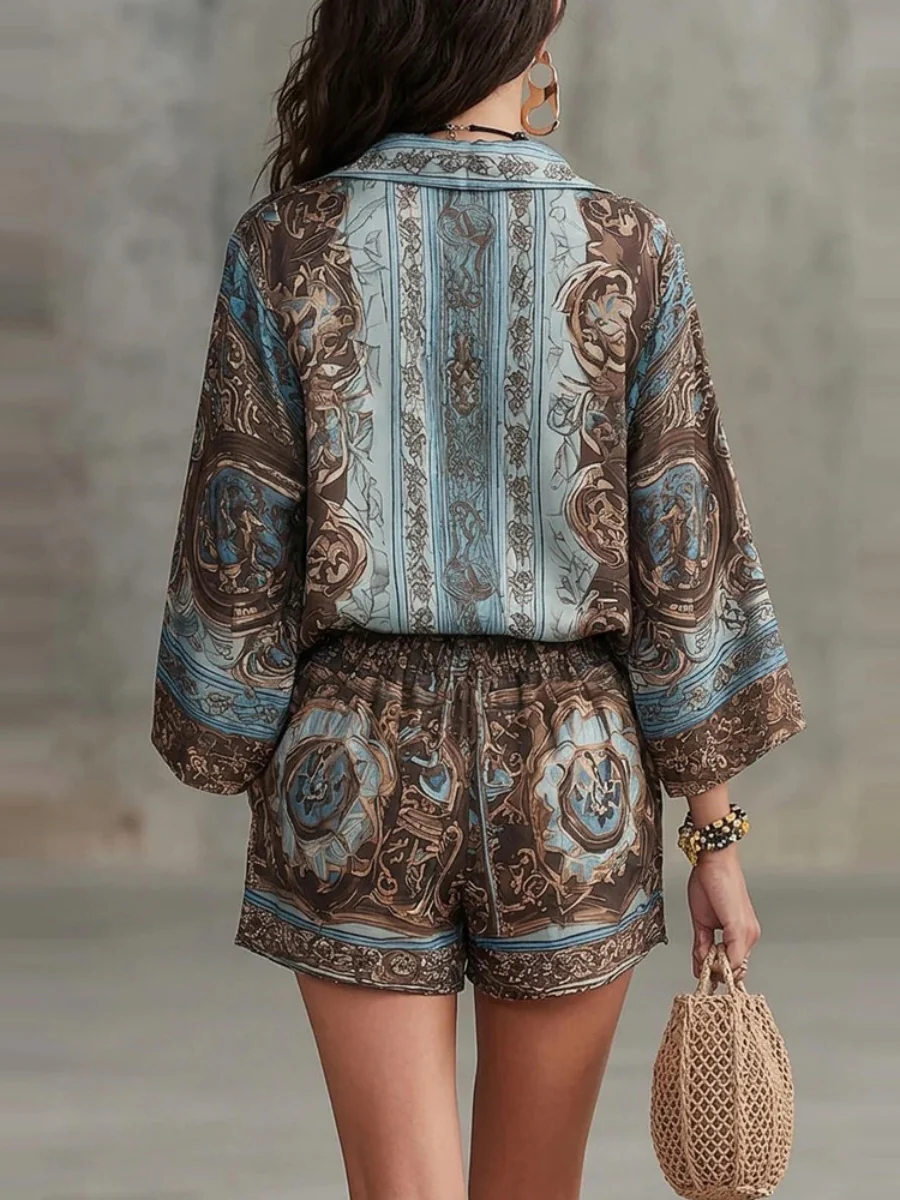 Printed Long Sleeve Shirts Loose-fit Shorts Set 2-piece Sets - Image 2