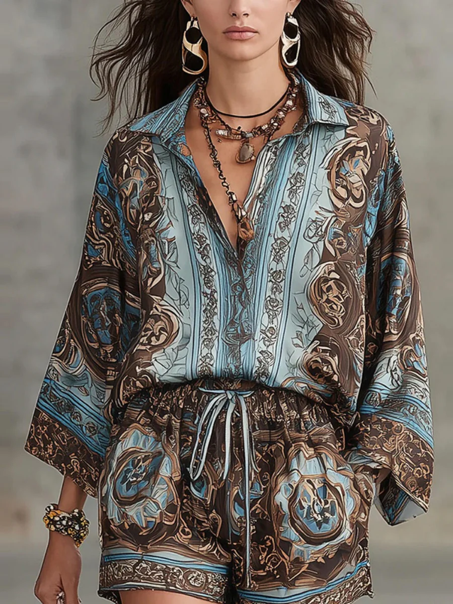 Printed Long Sleeve Shirts Loose-fit Shorts Set 2-piece Sets - Image 3