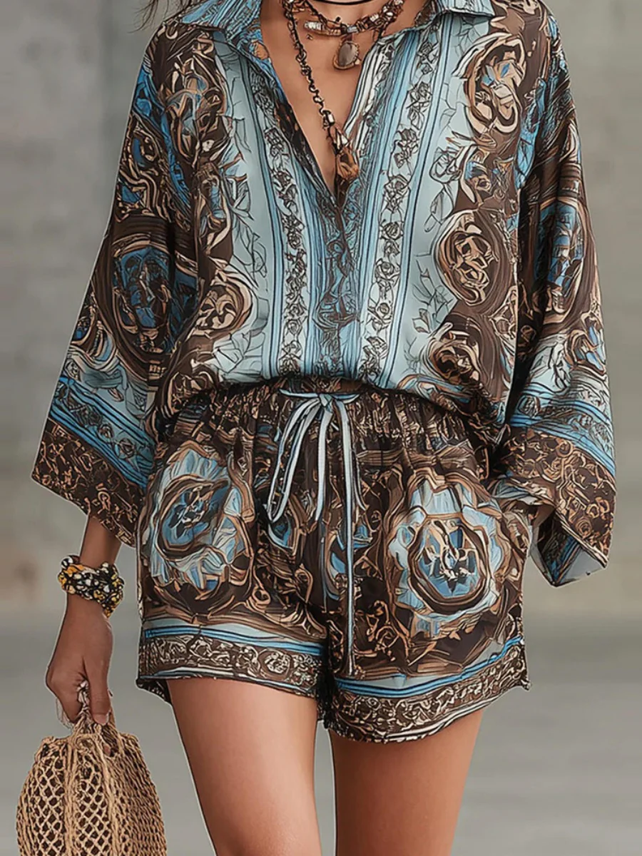 Printed Long Sleeve Shirts Loose-fit Shorts Set 2-piece Sets - Image 4