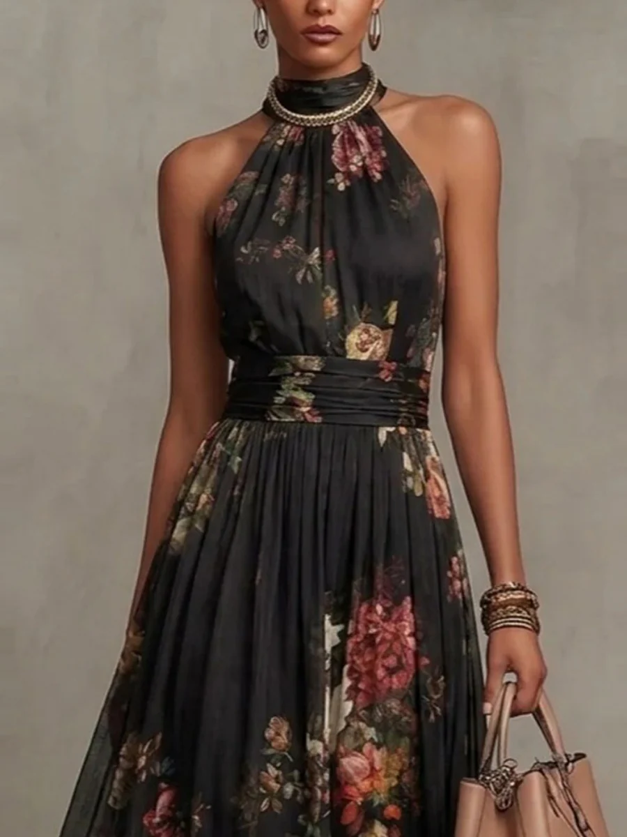 Halter Printed Elegant Temperament Stand Collar Vacation Maxi Dresses - Image 2