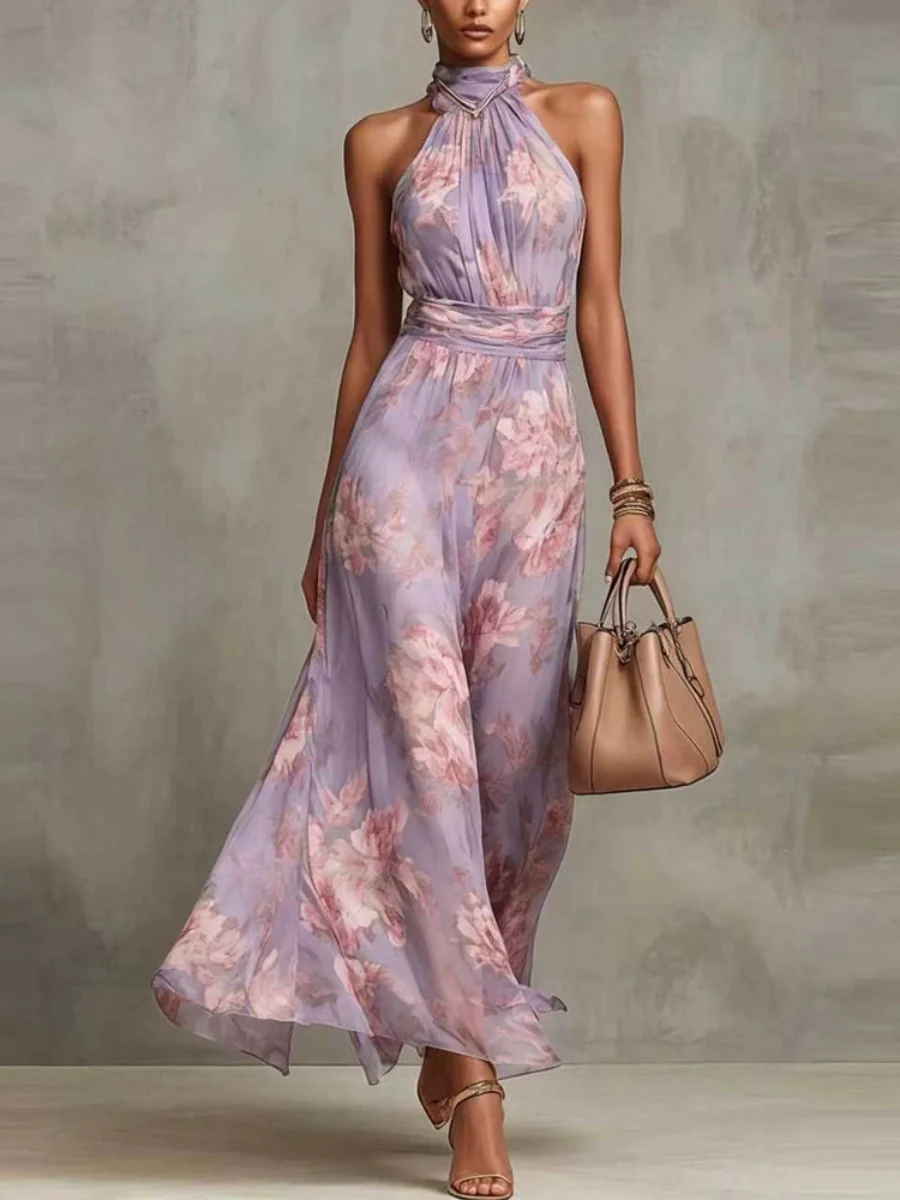 Halter Printed Elegant Temperament Stand Collar Vacation Maxi Dresses - Image 5