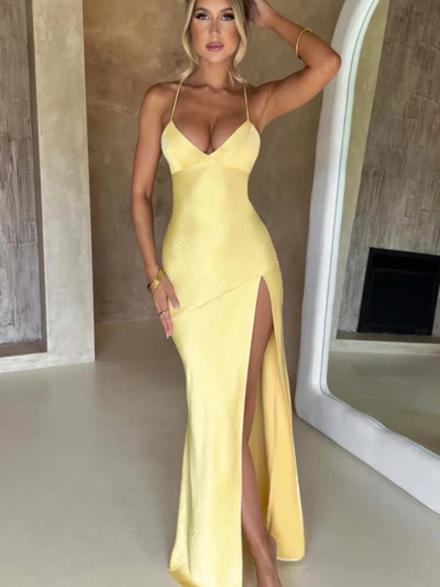 Sexy Halter Top High Slit Slim Fit Satin Parties Cocktail Party Wedding Long Dress - Image 4