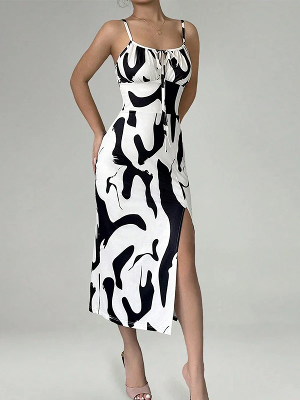 Zebra Print Sexy Vacation-style Slip Dress With Slit Midi Dress