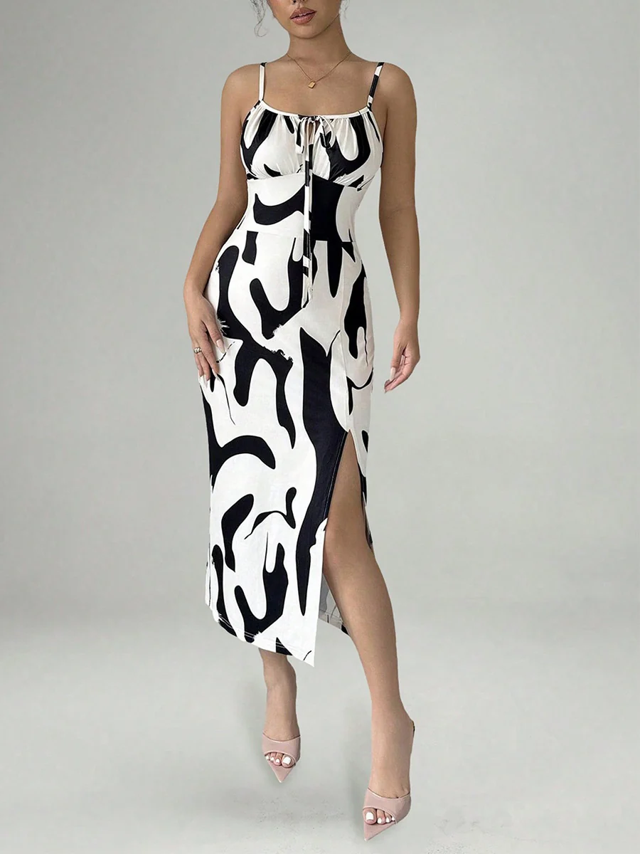 Zebra Print Sexy Vacation-style Slip Dress With Slit Midi Dress - Image 4