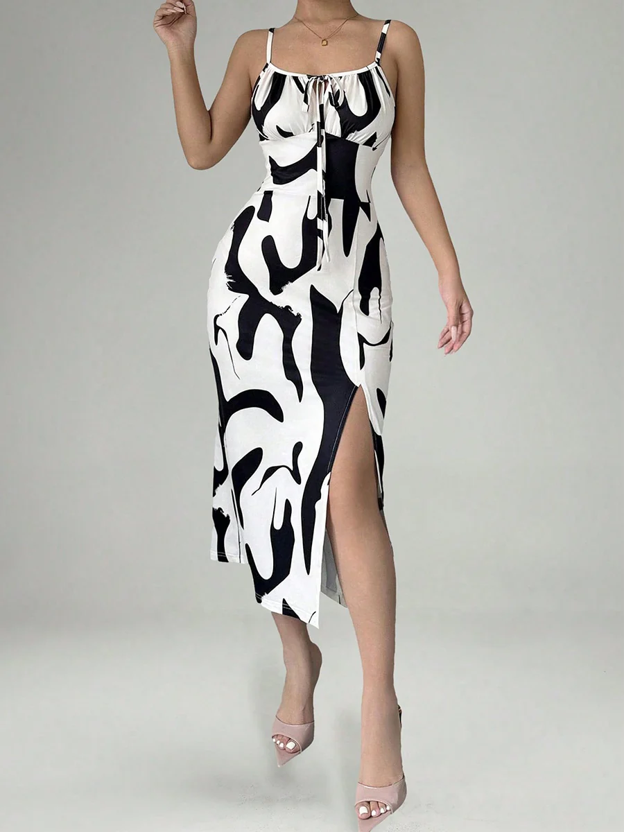 Zebra Print Sexy Vacation-style Slip Dress With Slit Midi Dress - Image 5