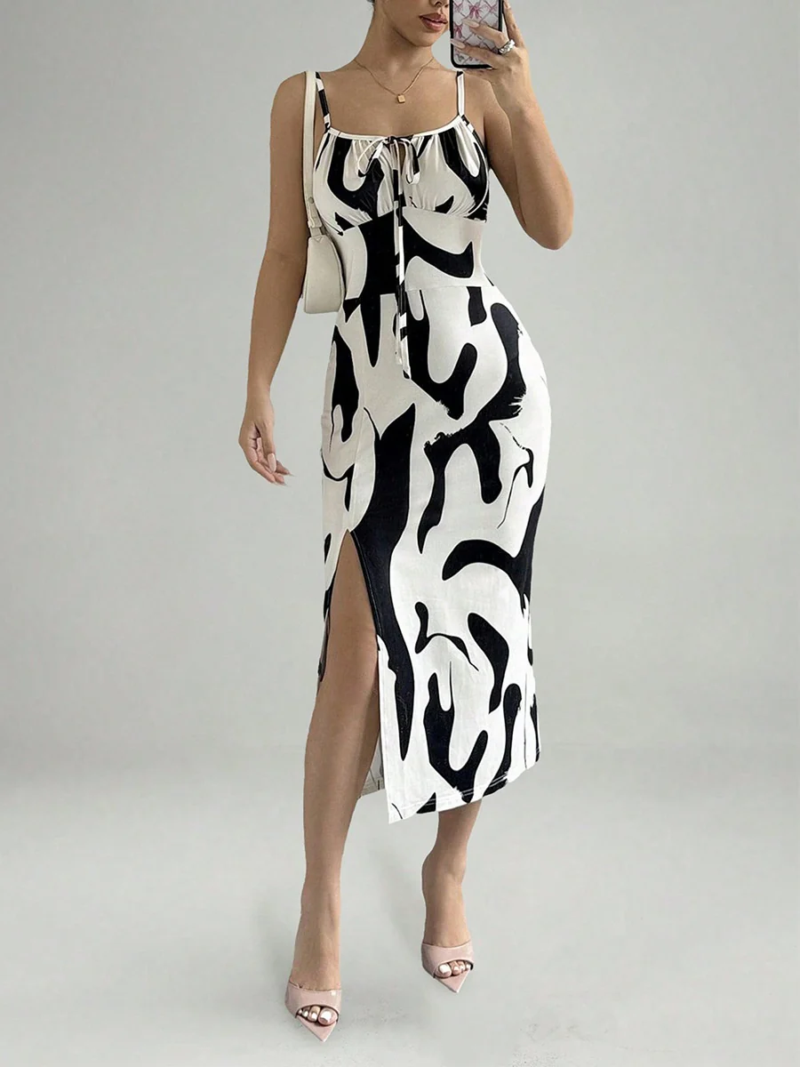 Zebra Print Sexy Vacation-style Slip Dress With Slit Midi Dress - Image 6