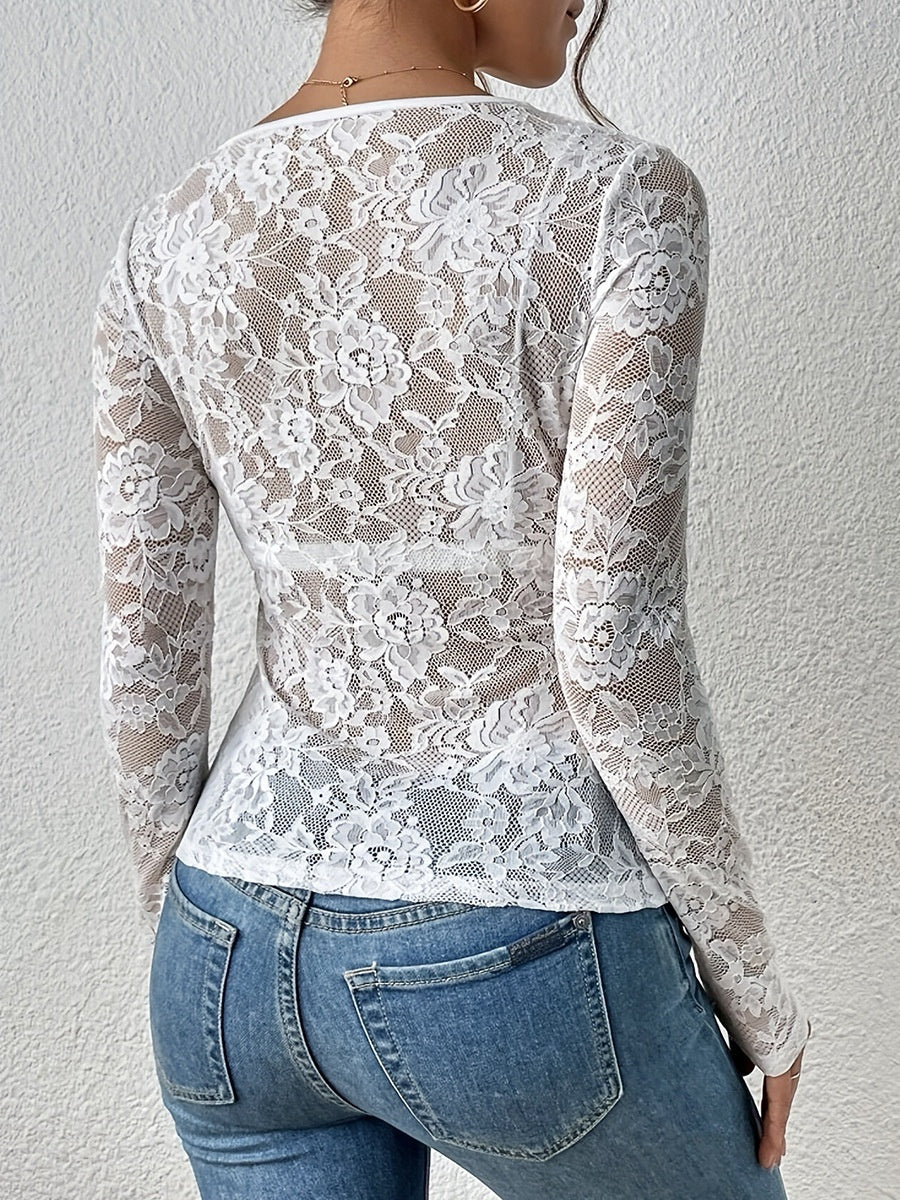 Lace-trimmed Long-sleeved Sheer Top - Image 8
